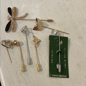 Lot Vintage hat Stick pins brooches bird dragonfly heart crystal lion